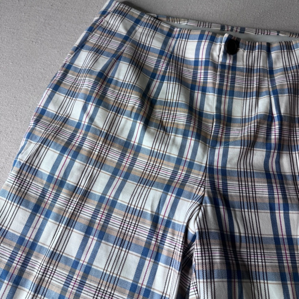 Ava & Viv‎ Womens 14W Plaid Tapered Trousers Blue Tan White Pleated High Rise